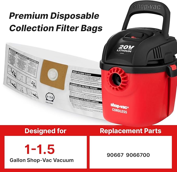 Shop-Vac 9066733 Disposable Filter Bags, Fits 1-1.5 Gallon Tanks, Dry Pick Up Only, White, (3-Pack)