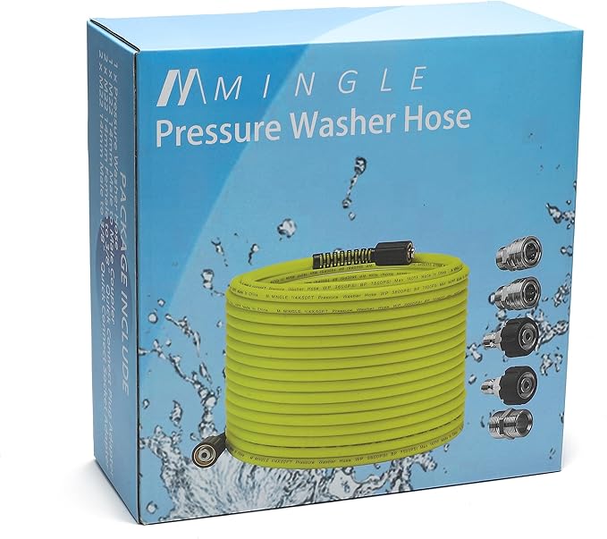 M MINGLE Pressure Washer Hose 50 FT x 1/4" - Replacement Power Wash Hose with M22 14mm Stainless Steel Quick Connect Power Washer Adapter Sets - 3600PSI