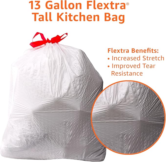 Amazon Basics 13 Gallon Tall Kitchen Drawstring Trash Bags, Flextra Strength, Tear Resistant, Puncture Resistant, 10% Post Consumer Recycled, 90 Count, White