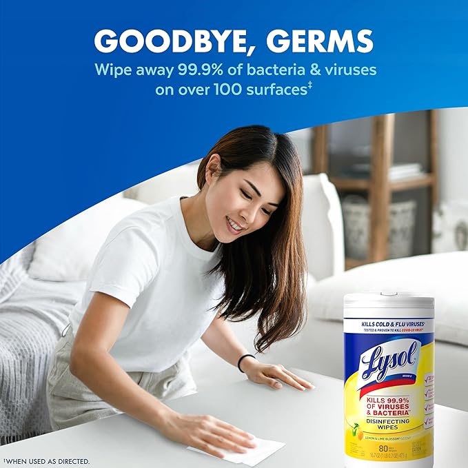 Lysol Disinfectant Wipes, Multi-Surface Antibacterial Cleaning Wipes, For Disinfecting and Cleaning, Lemon and Lime Blossom, Pack of 4