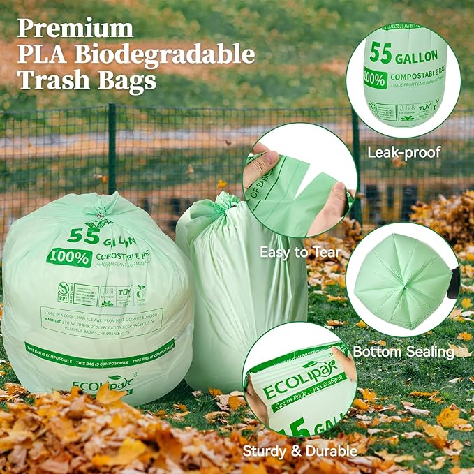 ECOLipak 55 Gallon Compostable Trash Bags, 12 Count Heavy Duty Extra Thick 1.57 Mil, 208.2 Liter Large Garbage Bags for Commercial/Lawn/Yard/Restaurant, US BPI ASTM D6400 and OK Compost Home Certified