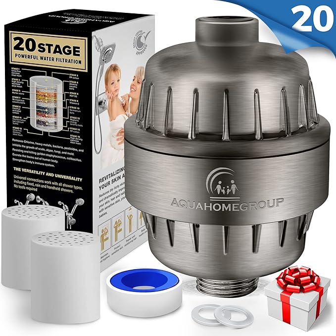 AquaHomeGroup 20 Stage Shower Head Filter with Vitamin C E A - High Output Filter to Reduce Chlorine - 2 Replacement Cartridges - Consistent Flow Showerhead Filter