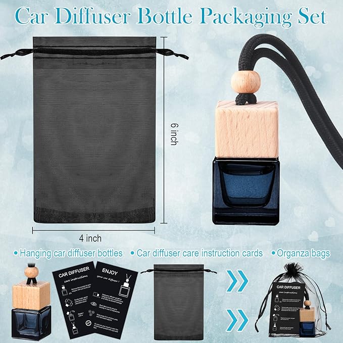Boao 15 Sets Hanging Car Air Freshener Diffuser Bottles Empty Bulk with Car Diffuser Instruction Cards Organza Bags Glass Refillable Essential Oil Fragrance Aromatherapy Pendant (Square)