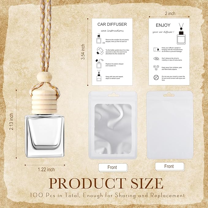 Boao 150 Sets Hanging Car Air Freshener Diffuser Bottles with Instruction Card and 4 x 6'' Resealable Holographic Bag for Empty Car Essential Oil Perfume Bottles Packaging (Cube)
