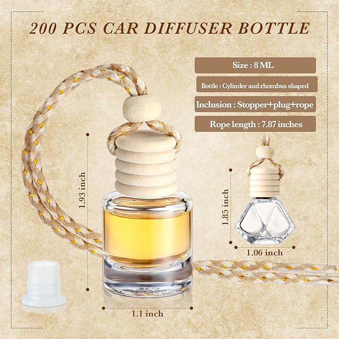 BBTO 200 Pcs Hanging Car Diffuser Bottle Bulk Empty Clear Glass Perfume Bottles Air Freshener Pendant for Essential Oils Fragrance Aromatherapy Car Interior (Diamond, Cylinder)