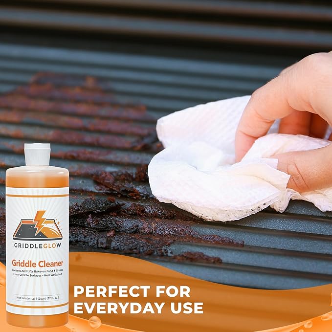 Griddle & Flat Top Grill Biodegradable Cleaner. Easy Pour Squeeze Bottle 32 oz. Fast Acting Formula, Food Safe, Glycerin-Based and Caustic Free. Heat Activated Removes Grease and Baked-on Food, Safe
