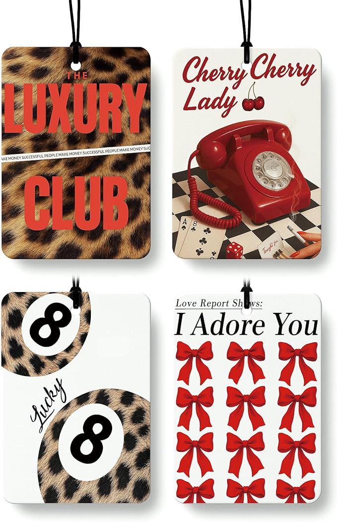 Trendy Coquette Red Bow Leopard Print Car Air Freshener 4 Pcs, Fashion Cheetah Lucky 8 Ball Hanging Air Freshener for Cars Closet Drawer Books, Girly Car Accessories Mirror Decor for Women