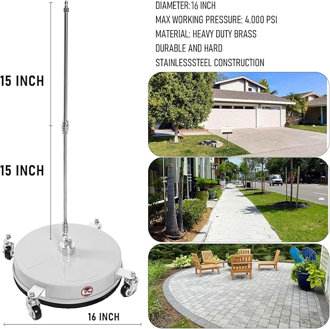 16" Pressure Washer Surface Cleaner with 4 Wheels, Stainless Steel Power Washer Surface Cleaner for Driveways Sidewalks Patios, 1/4" Quick Connector, 2 Extension Wand, 4000 PSI