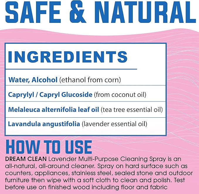 Dream Clean Lavender Multi-Purpose Cleaning Spray - Biodegradable and Cruelty-Free Formula for Countertops, Appliances, Outdoor Furniture & More, Lavender Essential Oils, 32oz