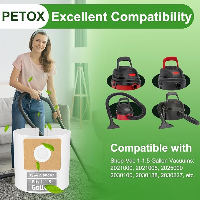 5 Pack Vacuum Bags Replacement for Shop Vac Bags 1-1.5 Gallon Type A 90667 9066700 9066733, PETOX High-Efficiency Disposable Vaccum Collection Filter Bags