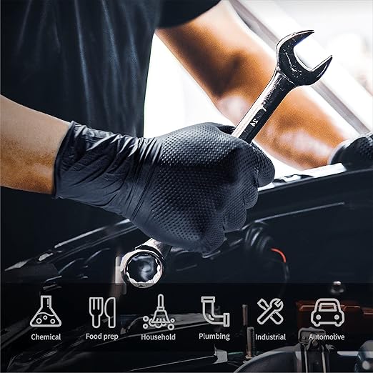 10mil Nitrile-Gloves Disposable-Black Chemical-Resistant Rubber - Mechanic Gloves Heavy Duty, Latex Free, Diamond Grip (200, Large)
