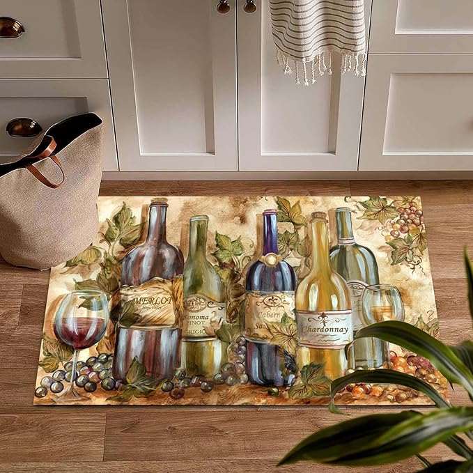 Wine Theme Kitchen Mat, Waterproof Non-Skid Cushioned Kitchen Floor Mat Comfort Standing Mats for Home, Office, Sink, Laundry, 1.7x2.6ft/20x31in