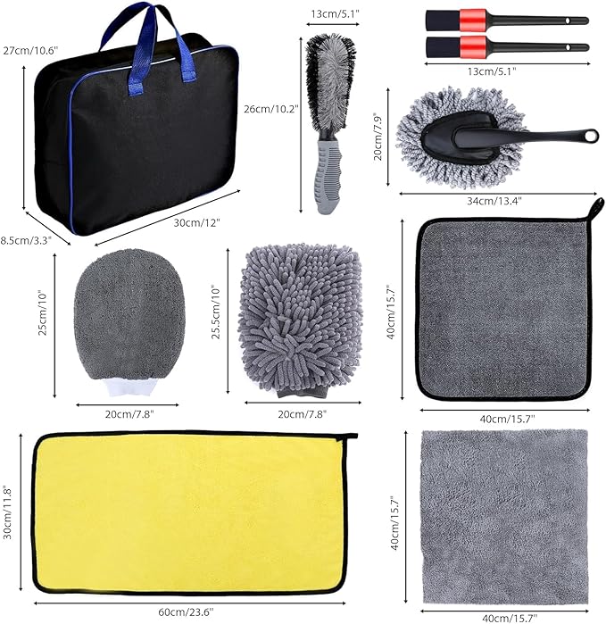 Car Washing Kit - Professional Car Wash Kit, Car Cleaning Kit with Bag & Car Detailing Set, Includes Car Wash Mitts, A Game-Changing Microfibre Drying Towel & Trio Of Brushes For A Deep Clean