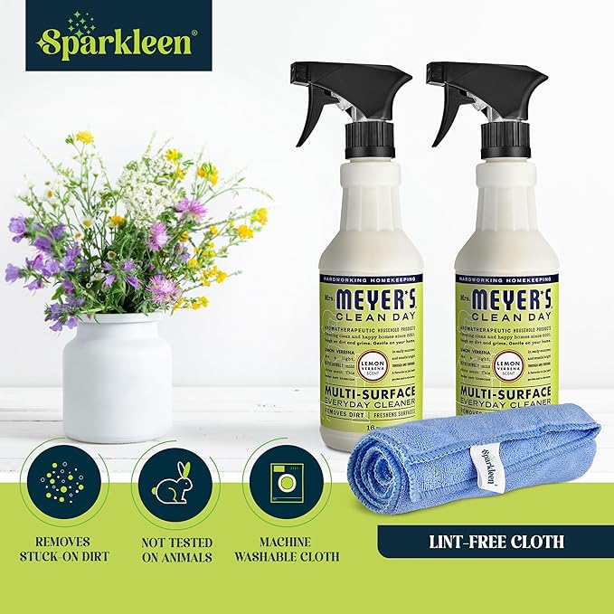 Mrs. Meyers Multi-Surface All Purpose Cleaner Set, Multi-Purpose Cleaner 2 Pack 16 oz. Lemon Verbena Spray and Cloth Set Bundle for Bathroom, Living Room or Bedroom,