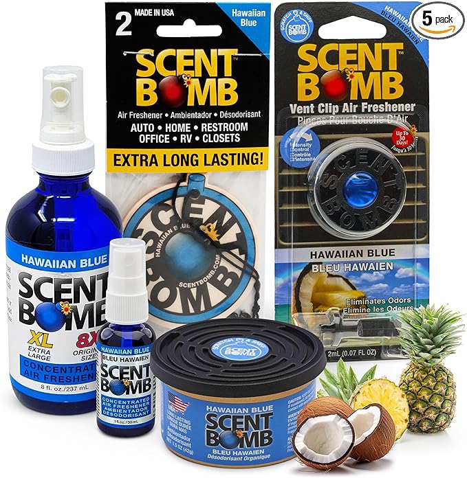 Scent Bomb Air Freshener Bundle - 1 oz & 8 oz Bottle Sprays, Vent Clip, Organic Cans, Hanging Circle - Continuous Freshness & Long-Lasting Odor Eliminator for Car, Home, Bathroom - Hawaiian Blue