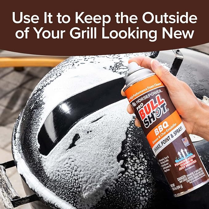 Horsepower Bull Shot BBQ MAX Pro Super-Concentrated Foaming Grill Cleaner, AS SEEN ON TV, Made in USA, Shake, Point & Spray, Emulsifies Grease & Char on Grills, Stove Burners, Drip Pans & More