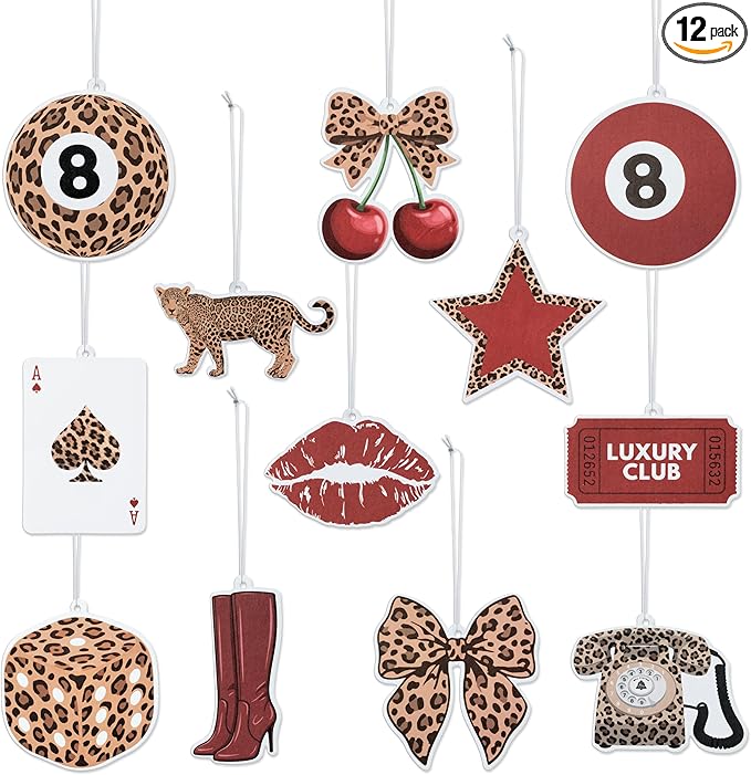 Trendy Red Leopard Car Air Fresheners - 12Pcs Retro Preppy Cheetah Lucky 8 Ball Stars Freshener Hanging Ornaments for Women, Interior Air Refresh Decoration for Car Mirror Birthday Gifts Home