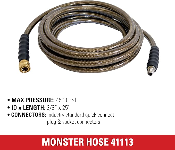 Simpson Cleaning 41113 Monster Series 4500 PSI Pressure Washer Hose, Cold Water Use, 3/8 Inch Inner Diameter, 25-Foot, Feet, Brown