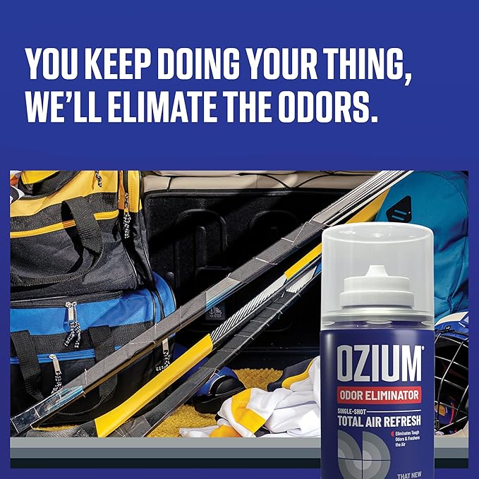 Ozium Air Sanitizer, 2 oz Car Fogger: Single-Shot Smoke Odor Eliminator & Car Air Freshener (New Car Smell, 4 Packs)