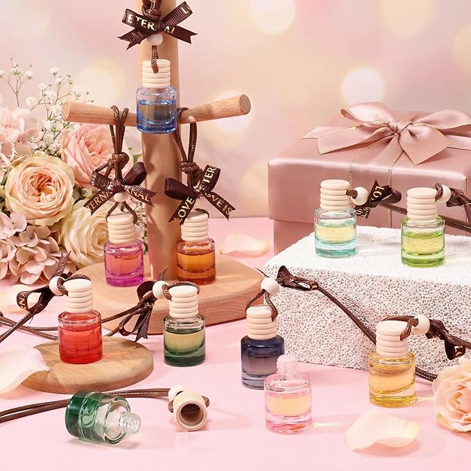 Mudder 50 Pcs Gradient Hanging Car Air Freshener Empty Clear Glass Diffuser Bottles for Essential Oils Perfume Pendant for Women Guests Wedding Favors Employee Appreciation Gifts(Cylinder,Colorful)