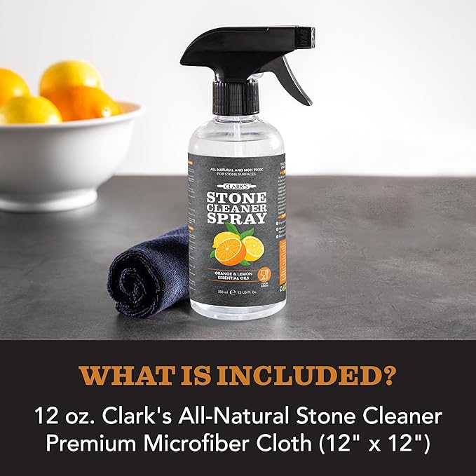CLARK'S Natural Stone Spray Cleaner, with Microfiber Cloth for Soapstone, Granite, Quartz, Marble, & other Countertop Surfaces – Pure Ingredients to Keep Stone Protected, Citrus Oil Extracts, 12oz
