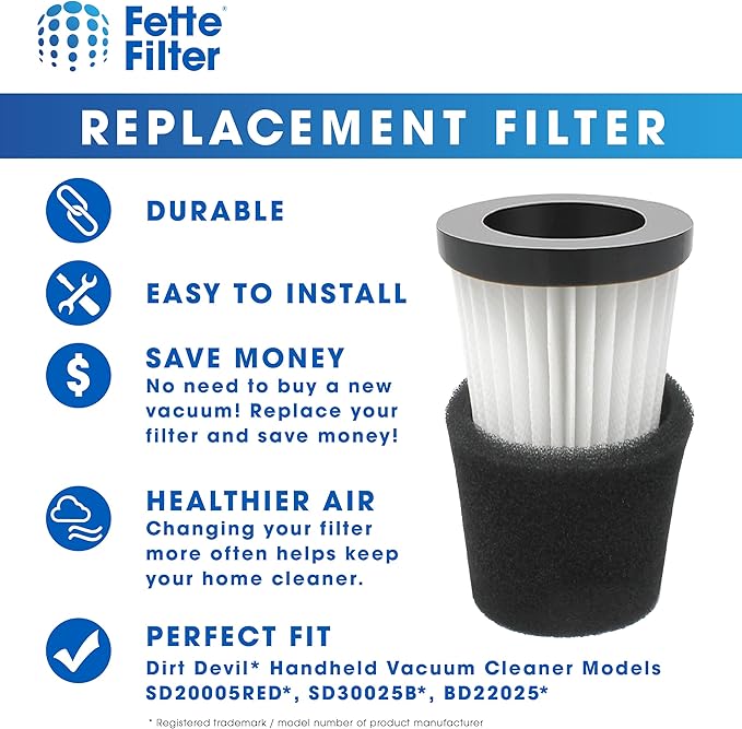 Fette Filter - F117 Replacement Vacuum Cleaner Filter with Compatible with Dirt Devil Handheld Vacuum Cleaner Models SD20005RED, SD30025B, BD22025 Part # AD40117 - Pack of 4