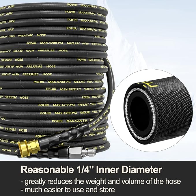 POHIR Power Washer Hose 125FT, High Pressure Washer Hose with 3/8'' Quick Connector, Steel Wire Braided Hose with 2 Quick Connect Kits Compatible M22 14 mm, Hose for Pressure Washer 4200 PSI