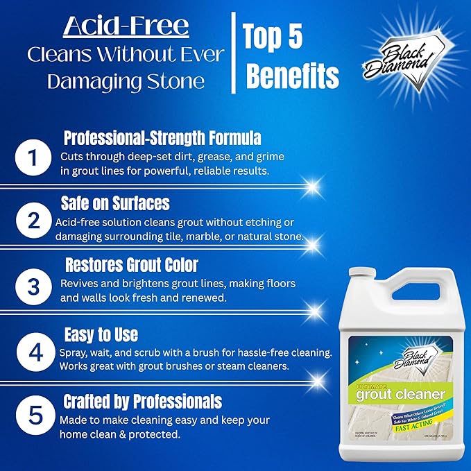 Black Diamond Ultimate Grout Cleaner: Best Cleaner for Tile, Ceramic, Porcelain, Marble Acid-Free Safe Deep Cleaner & Stain Remover for Even The Dirtiest Grout (1-Gallon)