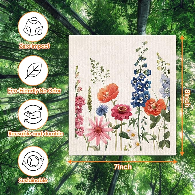 Morigins Wildflowers Butterflies Swedish Kitchen Dishcloths Reusable Sponge Cleaning Cloths Absorbent Dish Cloth Quick Drying Washable Cleaning Wipes 6pcs