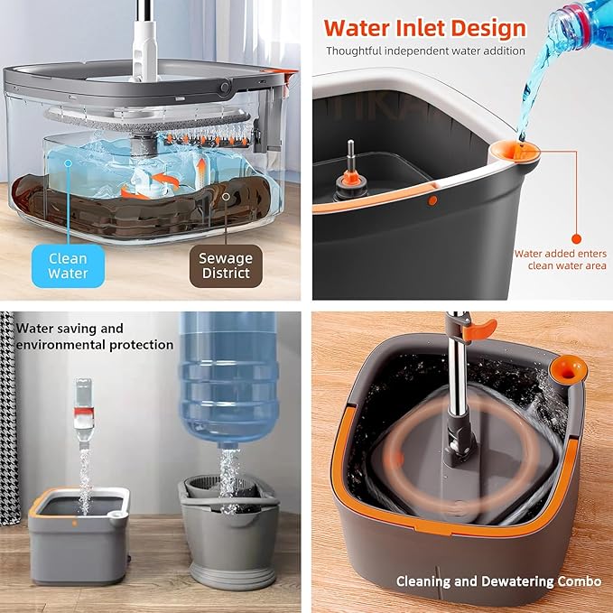 Spin Mop and Bucket Set with Self Separation Dirty and Clean Water System, Self Wringing 360° Rotating Square Mop-Head for Hardwood Tile Marble Floors(Mop Set and 1 Pads)
