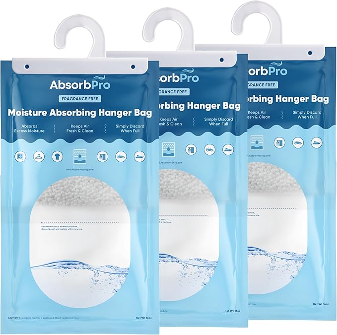 Moisture Absorbing Hanger Bag Fragrance Free - 3-Pack - 16 oz Hanging Dehumidifying Packs for Home, Kitchen, Bedroom, Bathroom, Closet, Small Rooms, Cars