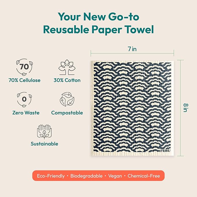 FEBU Swedish Dishcloths for Kitchen | 5 Pack Fresh Flowers Reusable Paper Towels Washable | Swedish Dish Towels | Non-Scratch Cellulose Sponge Cloths | No Odor, Biodegradable Cleaning Cloths