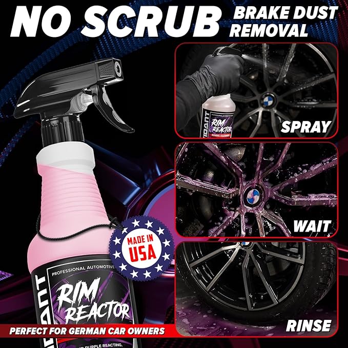 Carfidant Rim Reactor Wheel Cleaner Spray – No Scrub Formula with Purple Iron Remover Reaction – Removes Brake Dust & Grime – Safe for All Wheels (Aluminum, Chrome, Black) – pH Neutral – 16oz