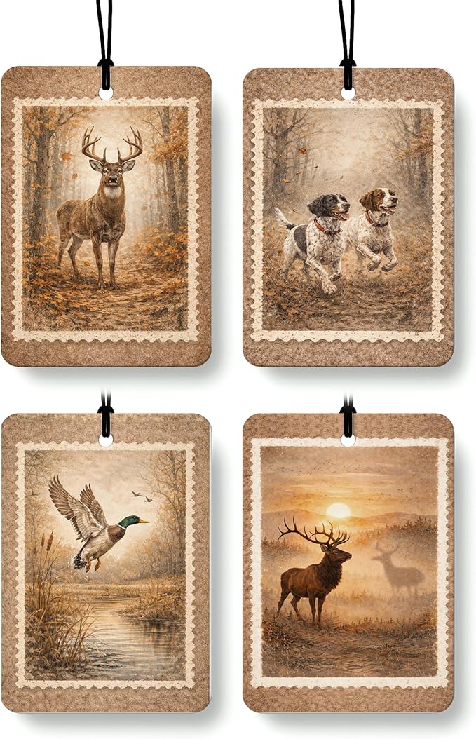 Vintage Rustic Wildlife Citrus Car Air Freshener 4 Pcs, Deer Duck Hunting Dogs Hanging Air Freshener for Cars Cabin Bathroom Books Decor, Lake House Accessories Gifts for Women Men