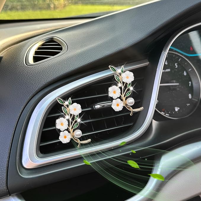 Flowers Car Accessories,2pcs White Daisy Green Leaves Air Vent Clips Car Air Freshener,Flower Car Decor for Women,Girly Refillable Diffuser