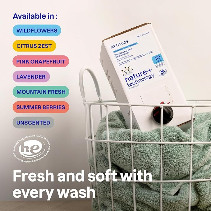 ATTITUDE Liquid Laundry Detergent Refill, EWG Verified, HE Compatible, Plant-Based & Vegan, Natural Laundry Soap, Pink Grapefruit Scent, 80 Loads, 67.6 Fl Oz