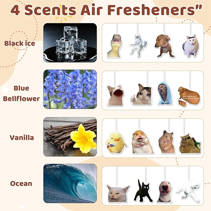 Funny Meme Car Air Fresheners - 16Pcs Cute Cat Dog Animals Freshener Hanging Ornaments for Women Men, Interior Air Essential Fragrant Pendants for Birthday Party Gift Car Mirror Home Wardrobe