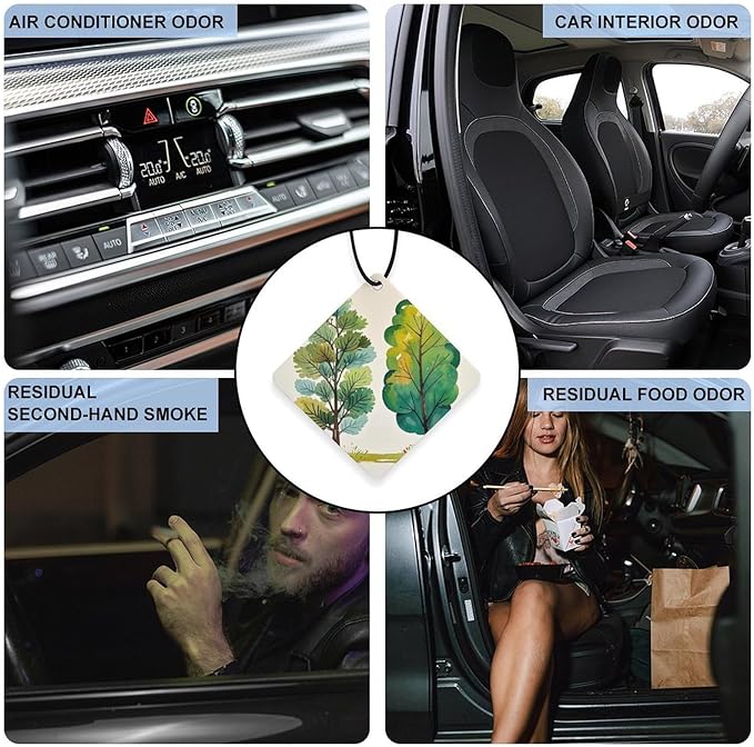 Spring Watercolor Eucalyptus Trees Car Air Fresheners Gray Rhombus Aromatherapy Tablets for Car Decor Bedroom Wardrobe Shoe Cabinet Quickly Eliminate Odors Pendant Decor