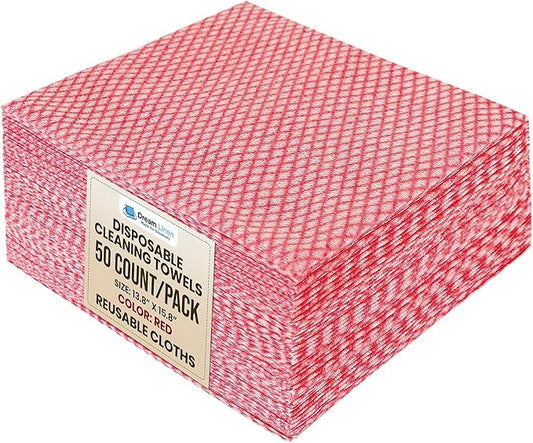 50 Count Disposable Cleaning Cloths, Red - 13.8"x15.8" Ultra Absorbent Towels for Kitchen, Stove & Bathroom - Multi-Purpose Soft Dish Cloths