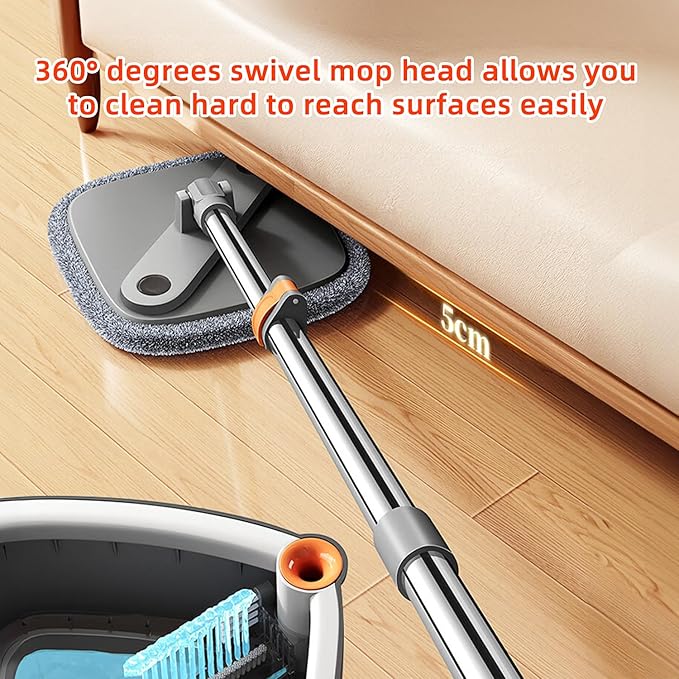 Spin Mop and Bucket Set with Self Separation Dirty and Clean Water System, Square Mop Bucket Self Wringing 360° Rotating Clean Floor Mop-Head for Hardwood Tile Marble Floors