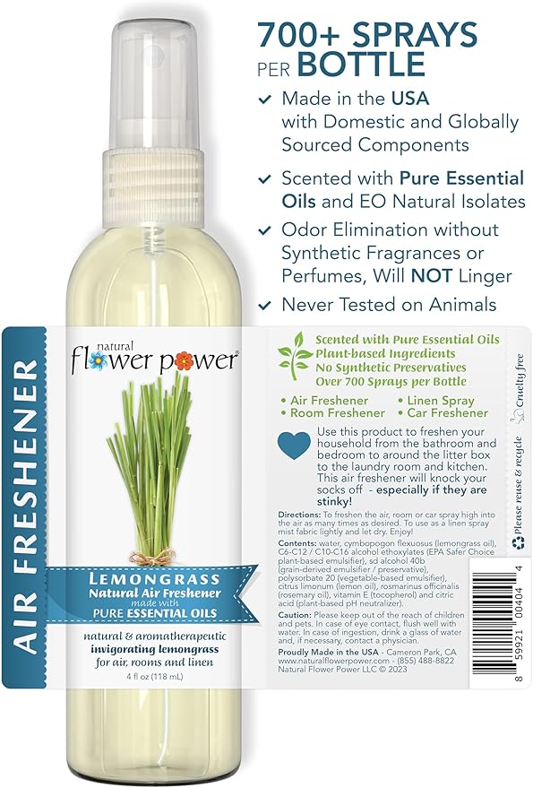 Natural Flower Power Air Freshener Spray - Odor Eliminator w/Essential Oils - Home, Car & Fabric - Cruelty Free & Vegan - Variety Pack - Lemongrass and Citrus & Spice - 2 x 4 fl oz