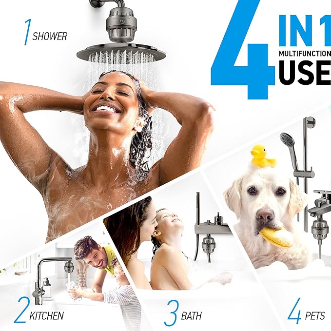 AquaHomeGroup 20 Stage Shower Head Filter with Vitamin C E A - High Output Filter to Reduce Chlorine - 2 Replacement Cartridges - Consistent Flow Showerhead Filter