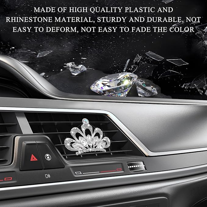 2 PCS Bling Car Air Vent Clips, Crystal Rhinestone Crown Vent Decorative Air Freshener Clips, Sparkly Diamond A/C Outlet Aroma Diffuser Clip for Vehicles, Car Accessories (White)