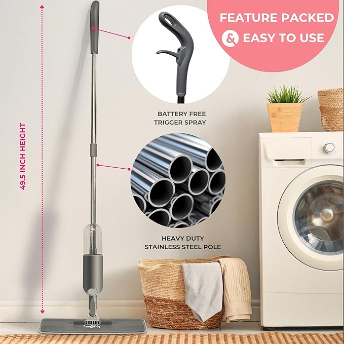 True & Tidy® SPRAY-250A Multi-Surface Spray Mop with Refillable Water Bottle, Use Any Cleaning Solution Easy to Fill and Refill with Machine Washable Mop Pad (Gray)