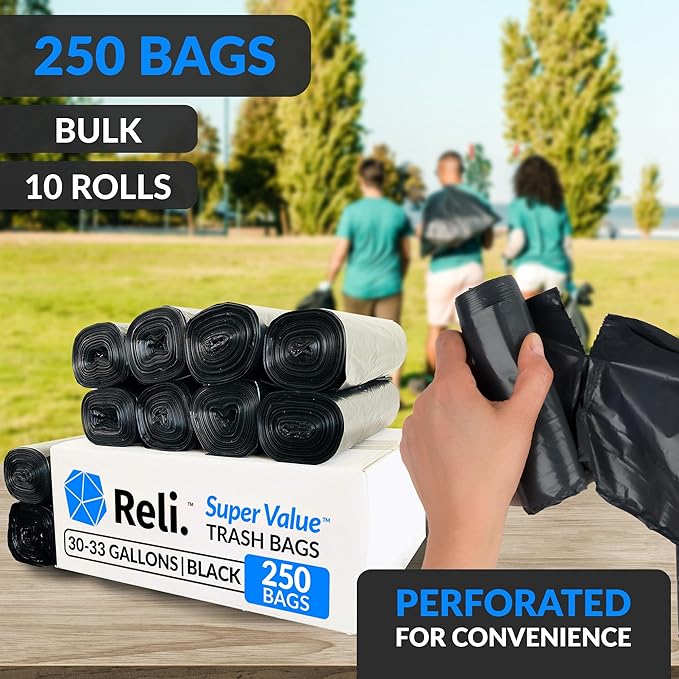 Reli. 30-33 Gallon Trash Bags Heavy Duty | 250 Count Bulk | Black Large Trash Bags 30+, 32 Gallon | Made in USA (Pack of 2)