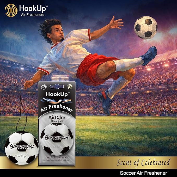 Soccer Car Air Freshener by HookUp - 10 Pack - Black Gold Scent (Extra Strong) | Unique Soccer Gift for Players, Coach, Fans | Hanging Car Accessory with Long Lasting Fresheners Smell