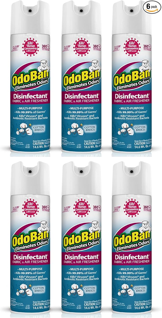 OdoBan Ready-to-Use 360-Degree Continuous Spray Disinfectant & Harsh Aroma Eliminator, Fabric & Air Freshener, Made in the USA, Cotton Breeze Scent, 14.6 Ounces, 6 Pack