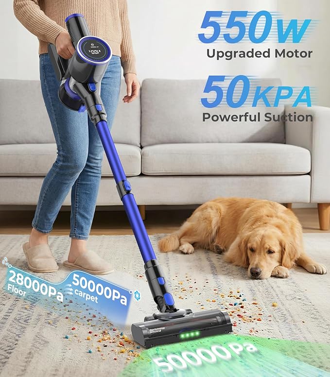 Cordless Vacuum Cleaner, 550W 50KPa 45Mins Vacuum Cleaners for Home, Self-Standing Stick Vacuum with Anti-Tangle Brush & LED Display for Hardwood Floors, Carpet, Pet Hair, Car
