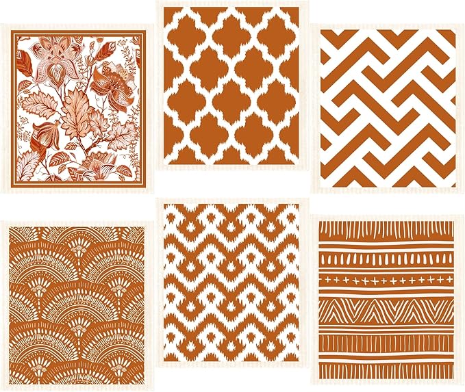 Morigins Swedish Dish Clothes Pack of 6, Reusable, Absorbent Hand Towels for Kitchen, Bathroom and Cleaning Counters Cellulose Sponge Cloth (Brown)
