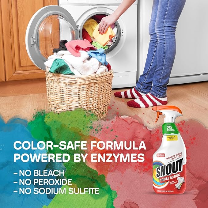 Shout Active Enzyme Laundry Stain Remover Spray, Triple-Acting Formula Clings, Penetrates, and Lifts 100+ Types of Everyday Stains - Prewash Spray 22oz (Pack of 2)